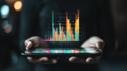 a human hand holding a futuristic tablet with a holographic chart showing two unequal bars, represen