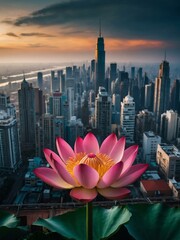 Wall Mural - Vibrant cityscape with a massive lotus flower towering above streets and buildings.