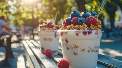 Poster - quick and convenient breakfast of yogurt parfait with granola and berries in a to-go container, perfect for enjoying outdoors on the go