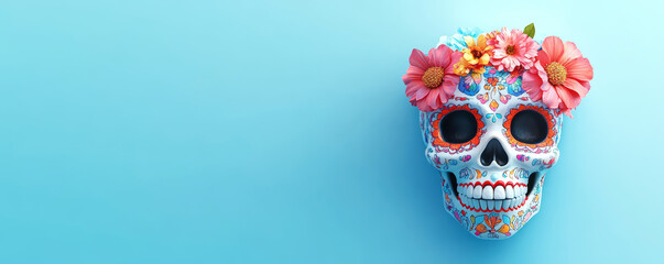 Dia de los muertos festival celebration. Vibrant image of a calavera with colorful flowers on blue background. Traditional sugar skull with decoration background. Mexico tradition and culture.