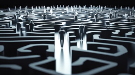 Wall Mural - a labyrinth filled with human icons at various points, with some advancing toward illuminated doors 