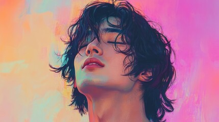 Sticker - Close-up Portrait of a Young Man with Wavy Black Hair Against a Colorful Background