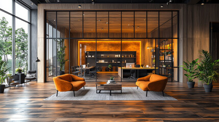 Poster - Modern office waiting area with orange sofas.