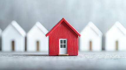 Canvas Print - A red house is the center of attention in front of a row of white houses