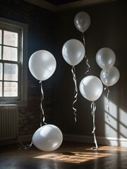 Wall Mural - White ghost balloons swaying in a dimly lit room, casting long shadows on the walls.