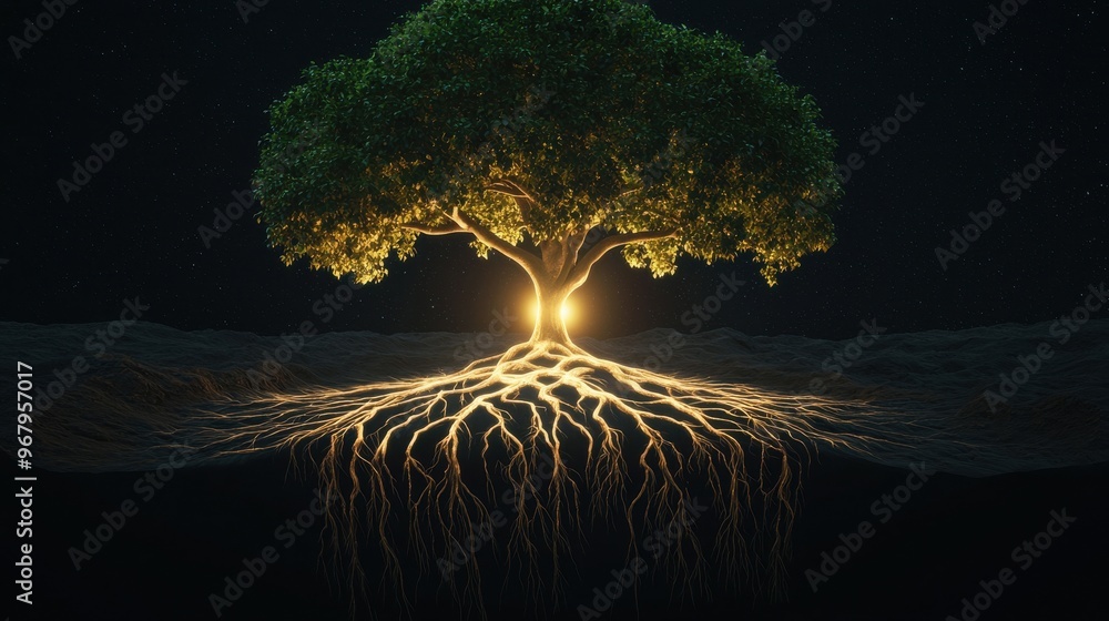 A large tree with deep roots, where each branch holds a glowing orb of ...