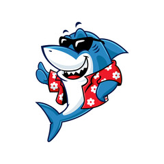 Cool shark wearing sunglasses and hawaiian shirt cartoon illustration.