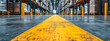 © Earny - A wide shot of a modern warehouse floor with a yellow line guiding the way between industrial shelving and pallets.
