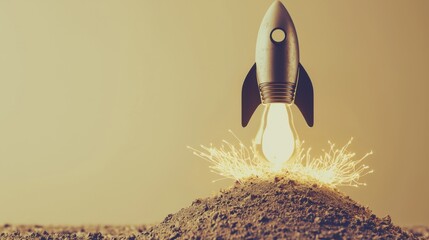 A light bulb transforming into a rocket taking off, with other ideas left behind on the ground, innovative thinking as the key to gaining competitive advantage