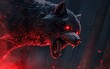 © ธนากร บัวพรหม - A fierce black wolf with glowing red eyes howls in a dark, mystical forest, surrounded by an eerie red mist.
