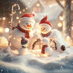 Sticker - A cheerful winter scene featuring snowmen with festive decorations and a cozy atmosphere.