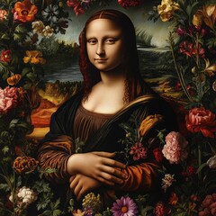 Poster - A classic portrait surrounded by vibrant flowers, blending art and nature.