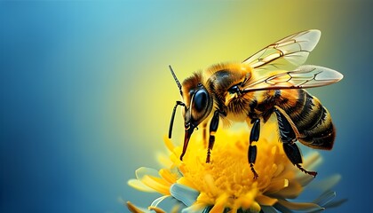 Wall Mural - Vibrant Honeybee Against Striking Blue and Yellow Gradient, Celebrating Natures Insect Life for Educational Designs and Promotional Content