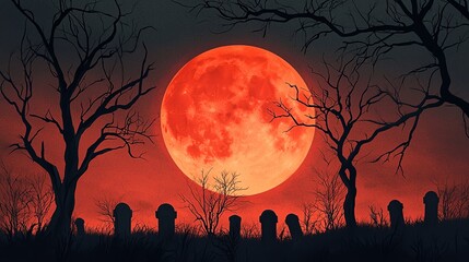 A haunting landscape with a vivid blood-red moon rising over silhouetted gravestones and barren trees.