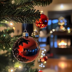 Canvas Print - A close-up of a red ornament hanging on a Christmas tree, with blurred festive background.