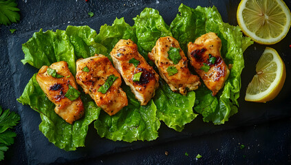 Grilled chicken fillets garnished with fresh herbs and lemon slices, served on a bed of crisp lettuce for a healthy meal.