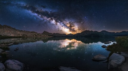 Wall Mural - a breathtaking night sky with the milky way reflected on a serene lake surrounded by mountains.