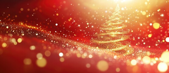 red background with golden christmas tree, lights, bokeh, and glittering gold sparkles