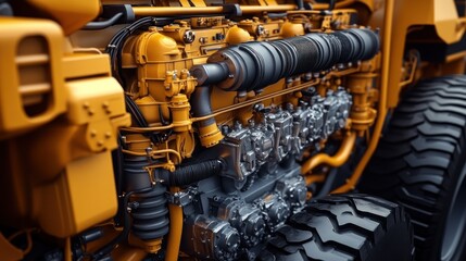 Close-up of a yellow construction vehicle engine and tire