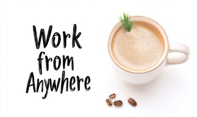 Cozy coffee scene showcasing the freedom of working from anywhere, featuring a latte with a hint of green, isolated on white background