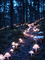 Poster - White Mushrooms in Forest