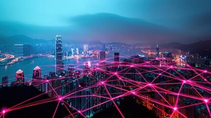 Poster - A network of interconnected glowing lines spreading across a city skyline, the digital infrastructure that supports business continuity in modern times