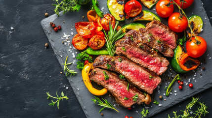 Wall Mural - A delicious meal of juicy beef steaks, colorful vegetables, and spices. The ingredients offer a balanced mix of protein and fiber, making it a healthy choice.