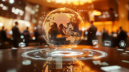 Wall Mural - world globe hologram with businesspeople or politicians at a meeting in parliament in the background