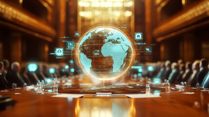 Wall Mural - world globe hologram with businesspeople or politicians at a meeting in parliament in the background
