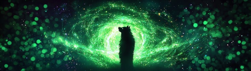 A mystical silhouette of a bear against a vibrant green cosmic backdrop, evoking a sense of wonder and adventure.