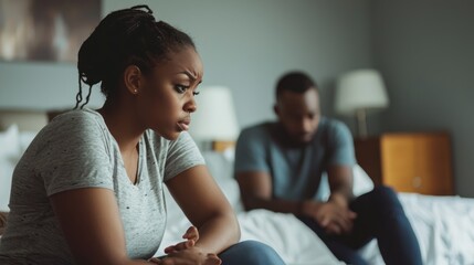 Wall Mural - A wife sitting on the bed, looking upset while her husband tries to comfort her.