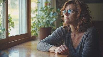 Wall Mural - A wife staring blankly out of the window, drumming her fingers on the table.