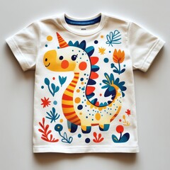 Sticker - A colorful children's t-shirt featuring a playful dinosaur and floral designs.