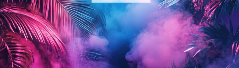 Poster - Neon Pink and Blue Palm Leaves with Smoke