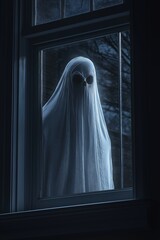 Scary ghost figure in a white sheet peering through a window into a house at twilight