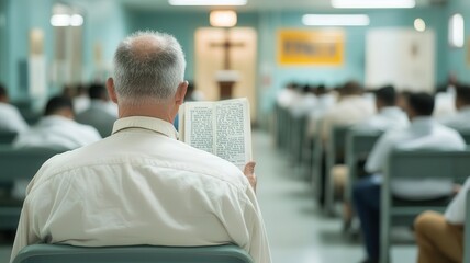 Inmates attending a religious service in a small chapel, Prison ministry, spiritual guidance