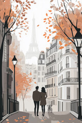 A romantic flat illustration of a couple in love in Paris, France, they are holding each other and almost in silhouette against the city street backdrop, portrait format aspect 83:125