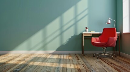 Sticker - Green mint wall, wood floor, working table, red armchair - interior design.