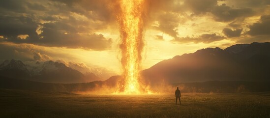 Wall Mural - Man Gazing at a Fiery Vortex in a Mountainous Landscape