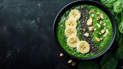 A green smoothie bowl made with banana and spinach, perfect for a healthy breakfast. The bowl sits on a black background, with plenty of space for text.