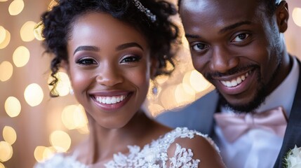 Canvas Print - A young woman smiling with her husband at their wedding reception.