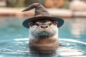 Otter in a witch s hat floating in a magical river, Otter in witch costume, water magic, playful sorcerer