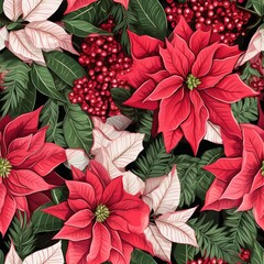 Poster - Bright red and white poinsettias bloom among lush green leaves and decorative berries, forming a festive arrangement perfect for holiday decorations