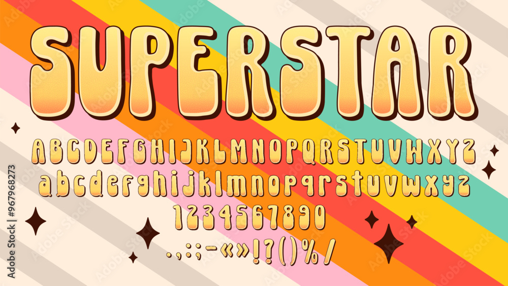 70s groovy type or hippie psychedelic font with vintage retro alphabet ...
