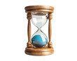 © Ytnart - Time's Azure Flow: A classic wooden hourglass with blue sand, patiently marking the passage of time against a pristine white background.
