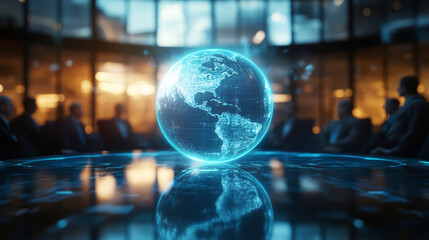 Wall Mural - world globe hologram with businesspeople or politicians at a conference meeting in the background. g