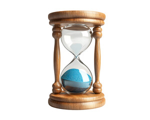 Time's Azure Flow: A classic wooden hourglass with blue sand, patiently marking the passage of time against a pristine white background. 