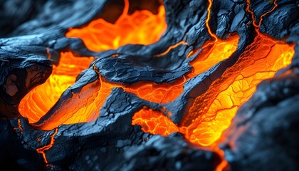 Glowing Orange Veins of Molten Lava Cracking Through Dark Rock in An Intense Macro Shot with Dramatic Lighting and Vivid Details