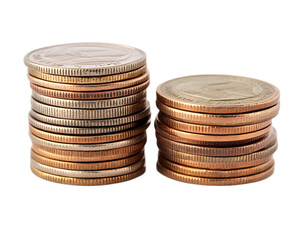 Coin Stacks: Two stacks of coins, one silver and one copper, stand side by side, a visual representation of financial stability, wealth, and investment.  