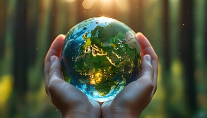 Delicate hands grasping a transparent globe that mirrors a sunlit forest scene through lush green trees in a captivating macro shot